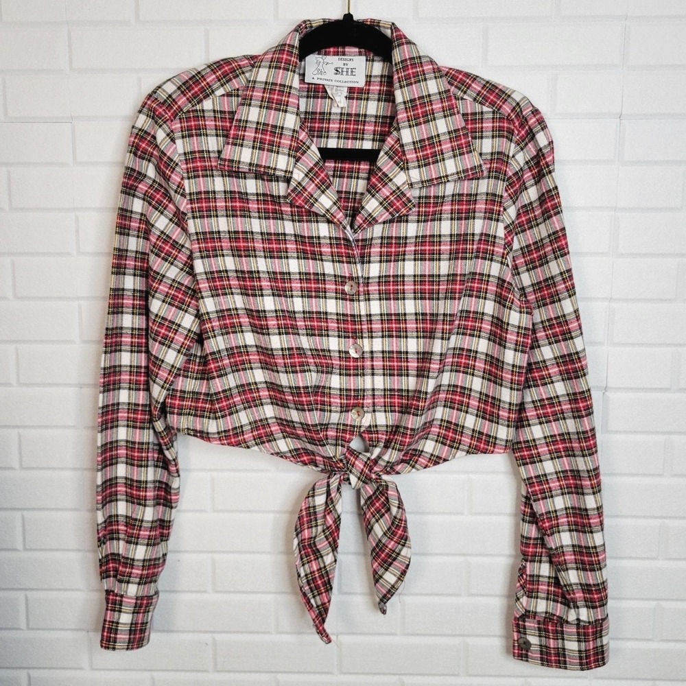 Vintage 80s plaid flannel crop tie shirt Designs by She oversized XS Country - Picture 1 of 8